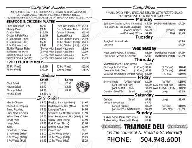 Menu at TRIANGLE DELI restaurant, New Orleans, N Broad St