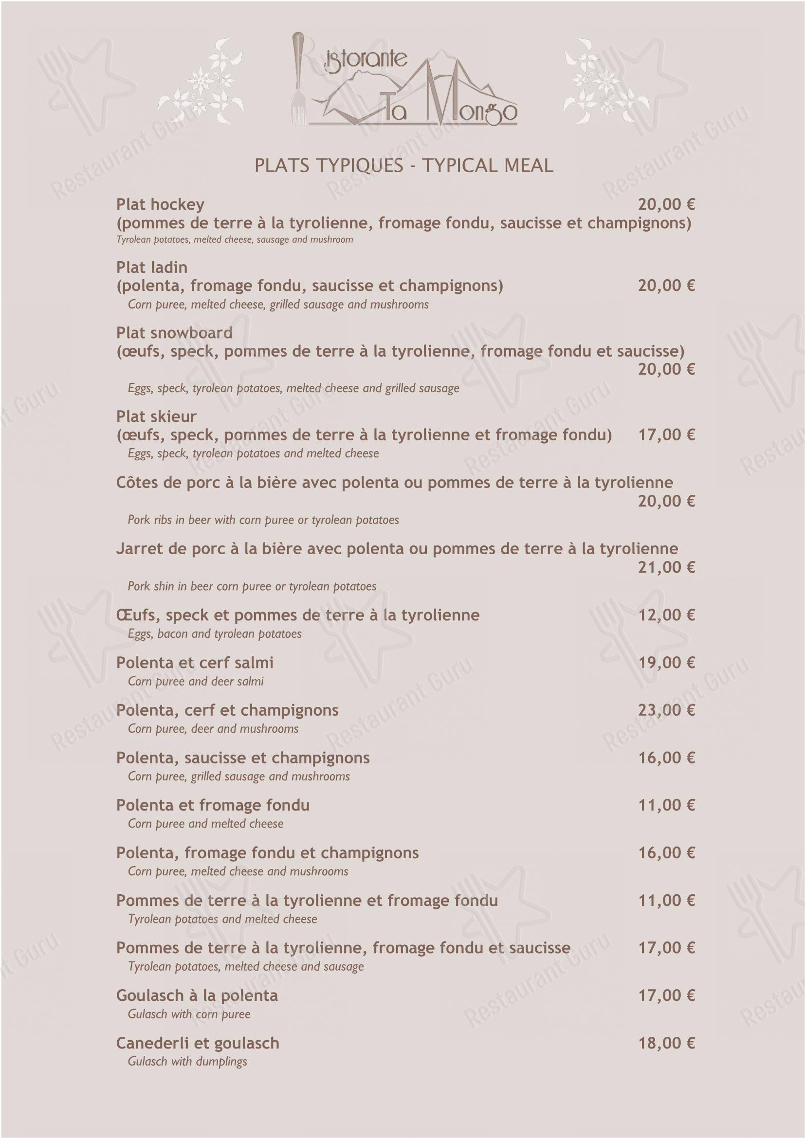 Menu bar per Ta Mongo ristorante