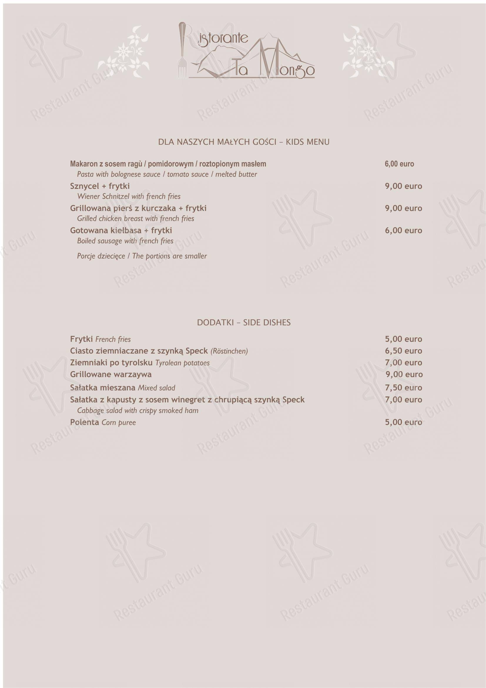 Основное меню per Ta Mongo in Pozza di Fassa