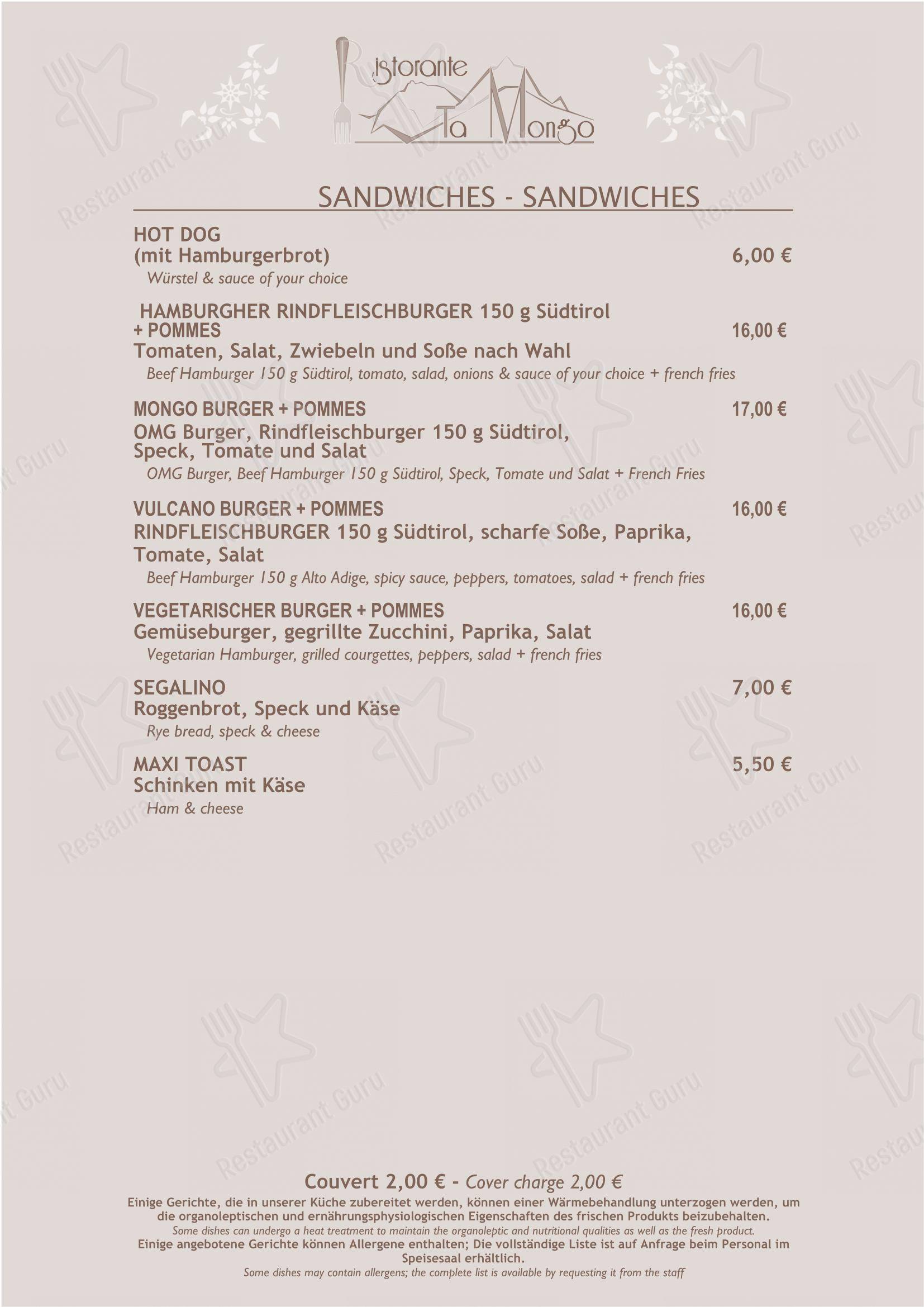 Ta Mongo in Pozza di Fassa - 菜单