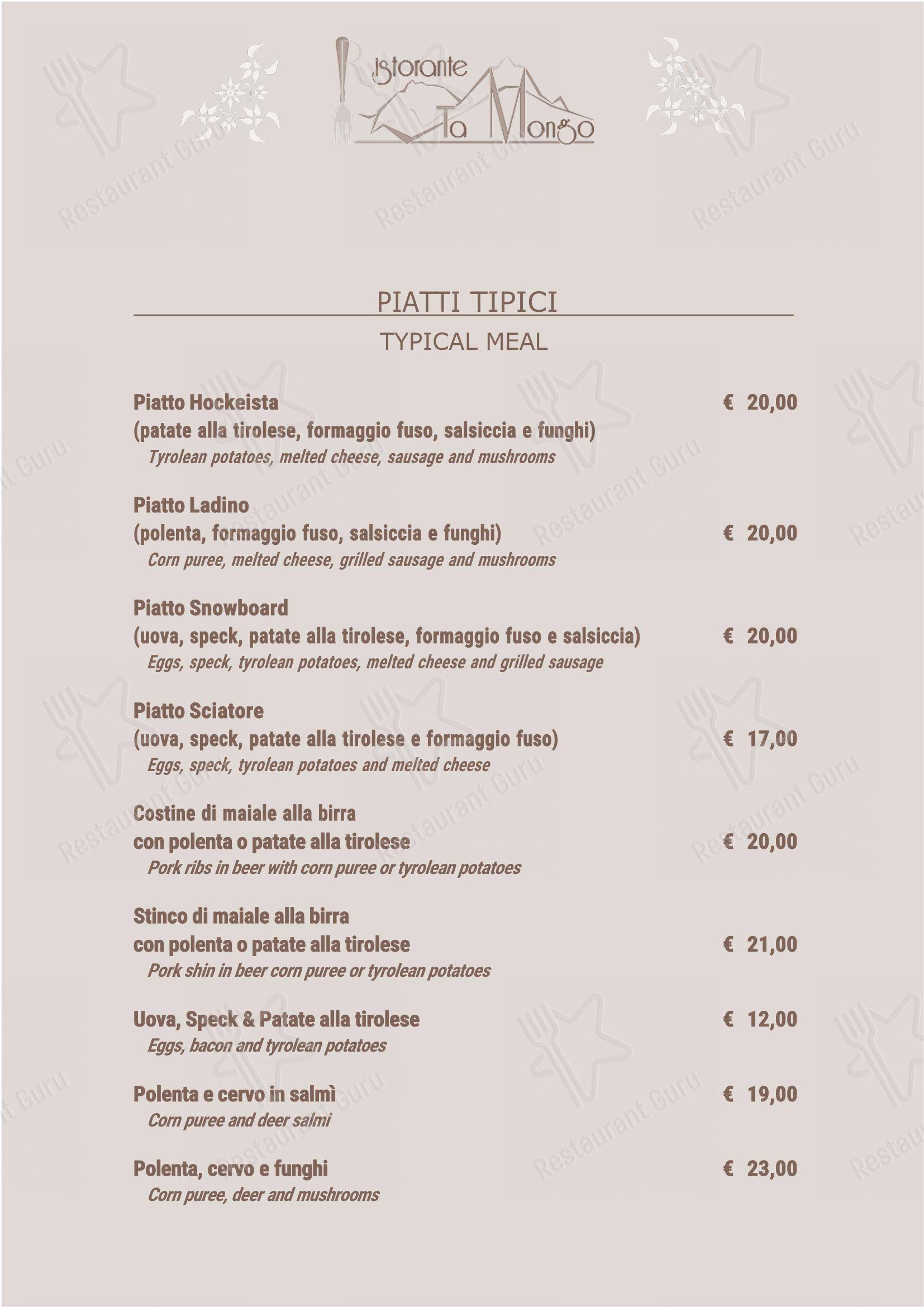 Menu per Ta Mongo in Pozza di Fassa