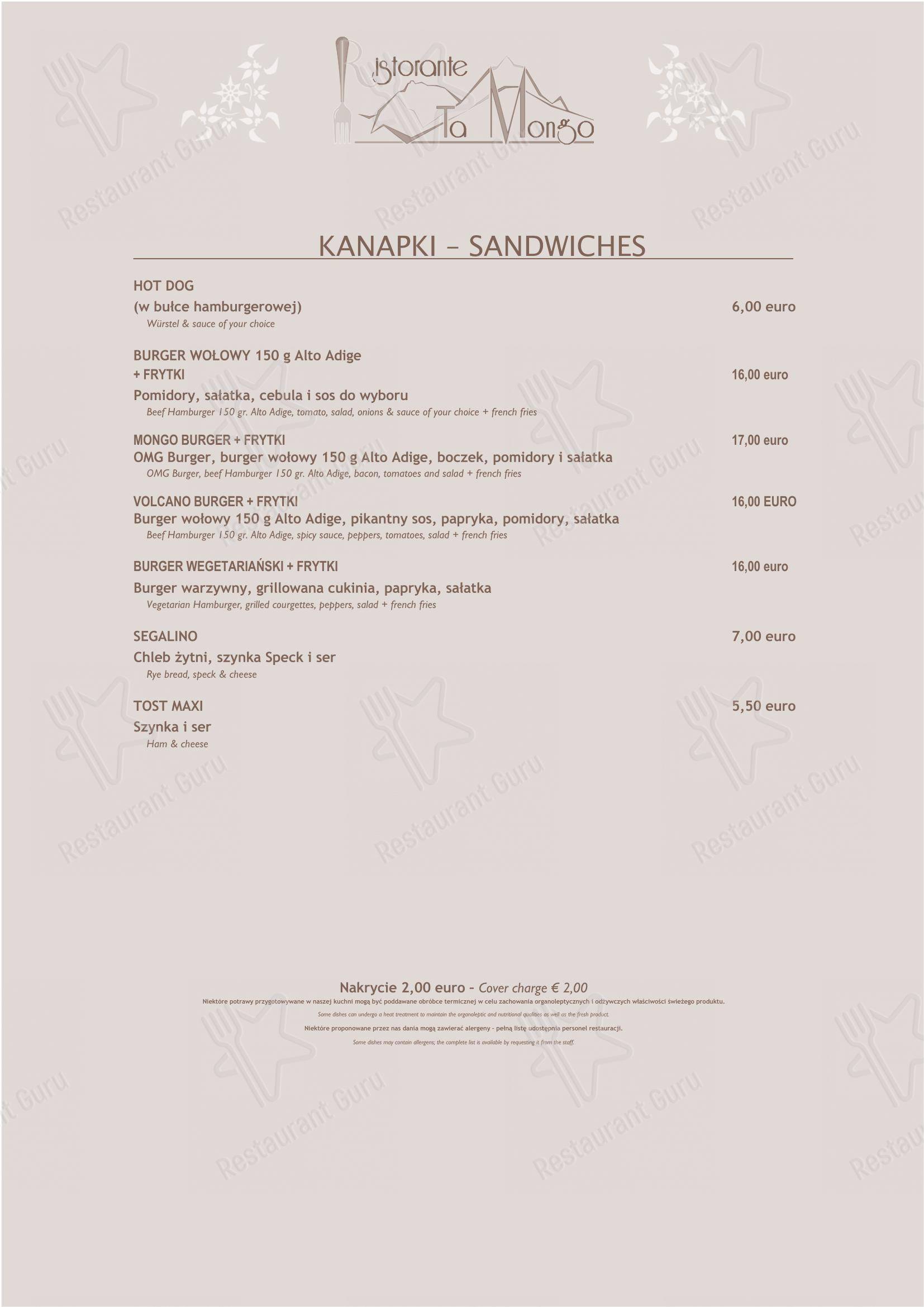 Ta Mongo in Pozza di Fassa - Основное меню