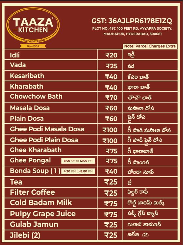 Taaza Kitchen menu