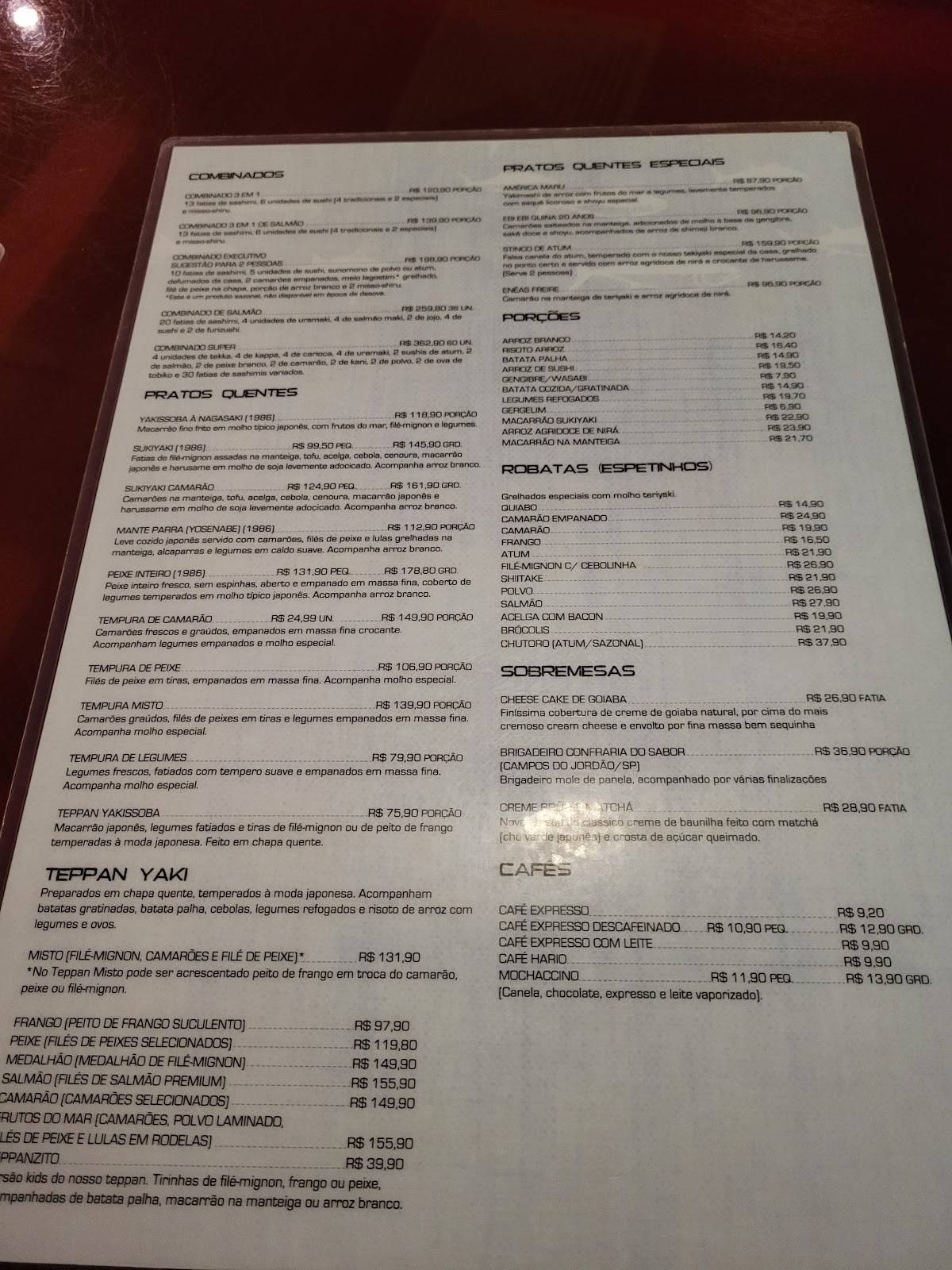 Taberna Japonesa Quina do Futuro cardápio