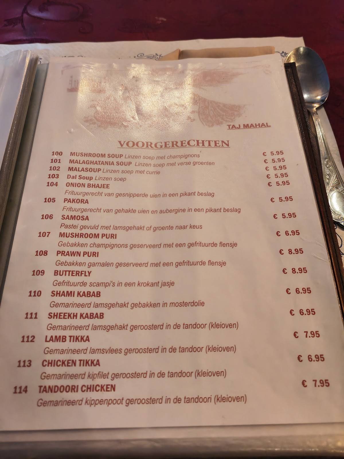 Menu de Taj Mahal