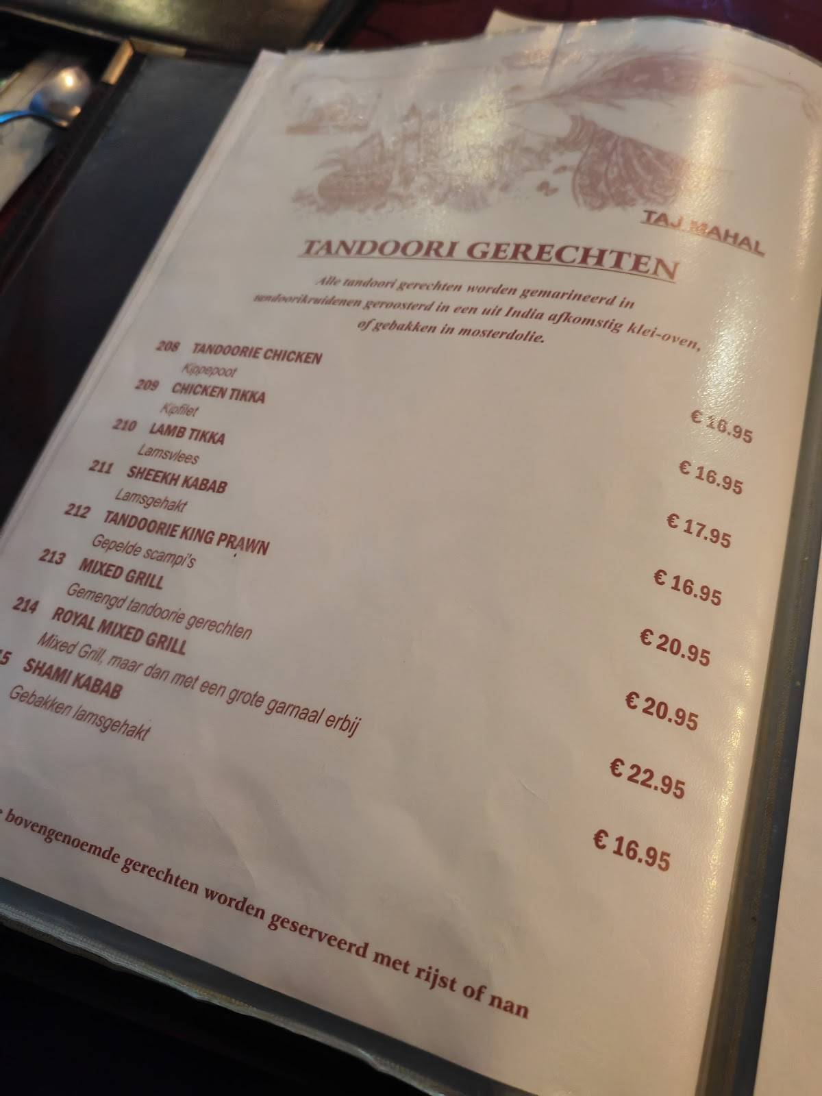 Menu de Taj Mahal
