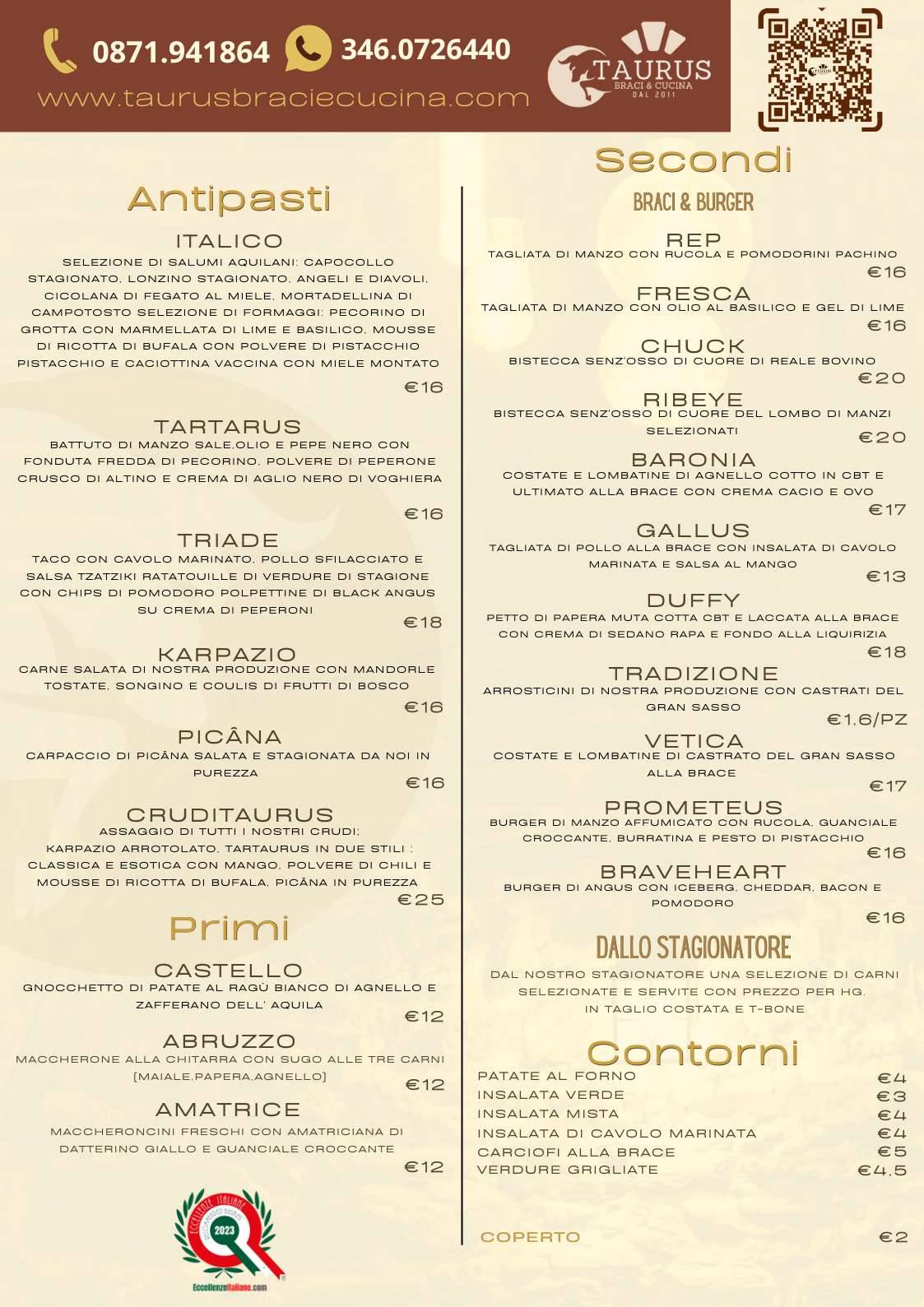 Menu di Taurus Braci & Cucina 