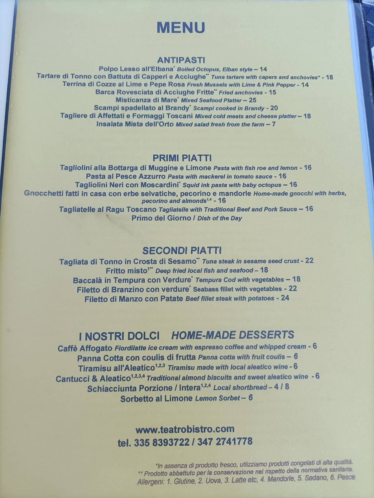 Menu di Teatro Bistro & Wine Bar 