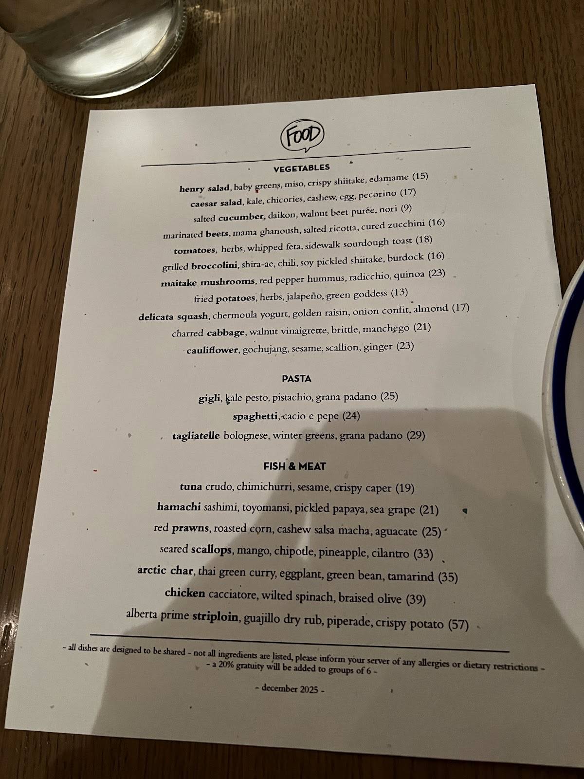 Menu de Ten Foot Henry