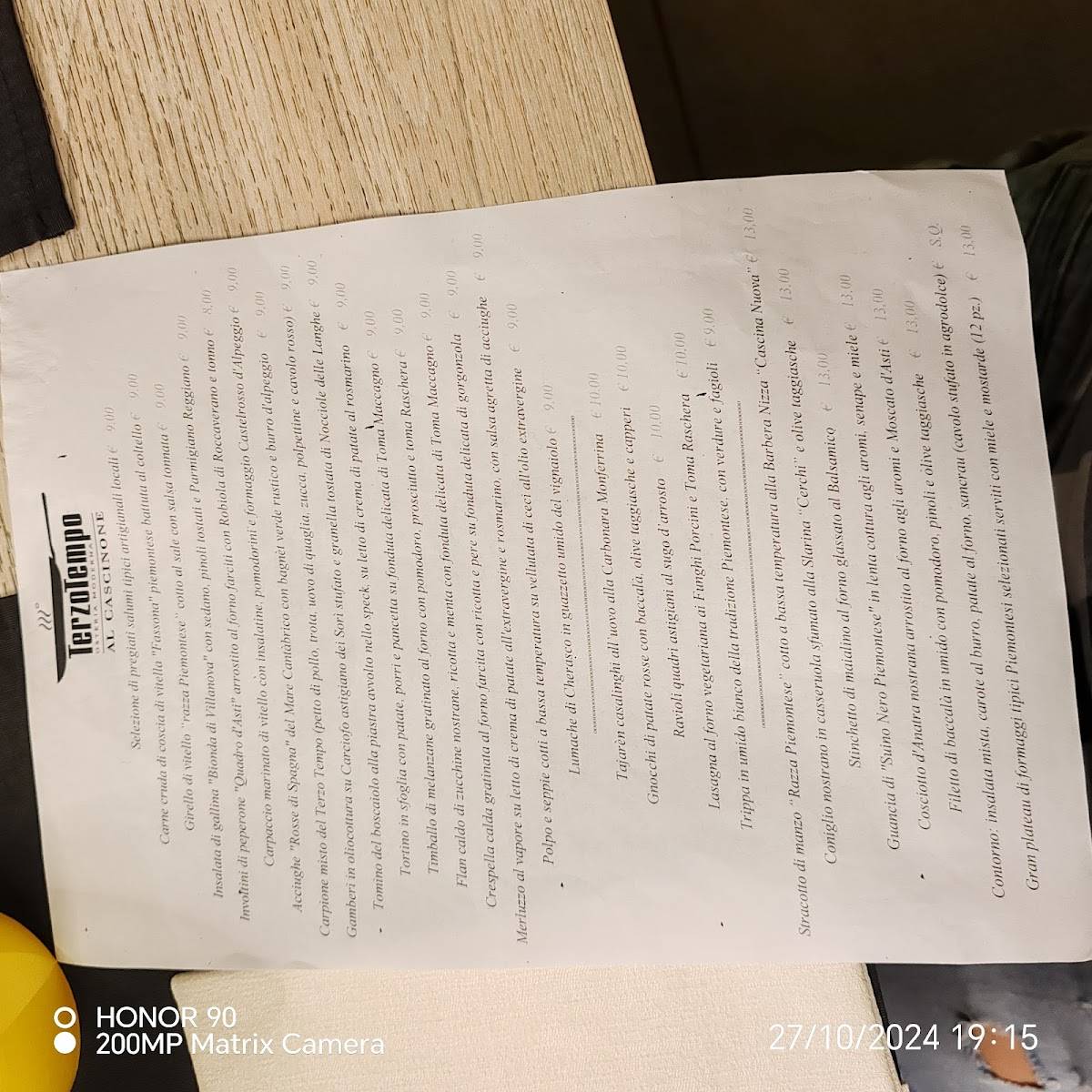 Menu di Terzo Tempo al Cascinone 