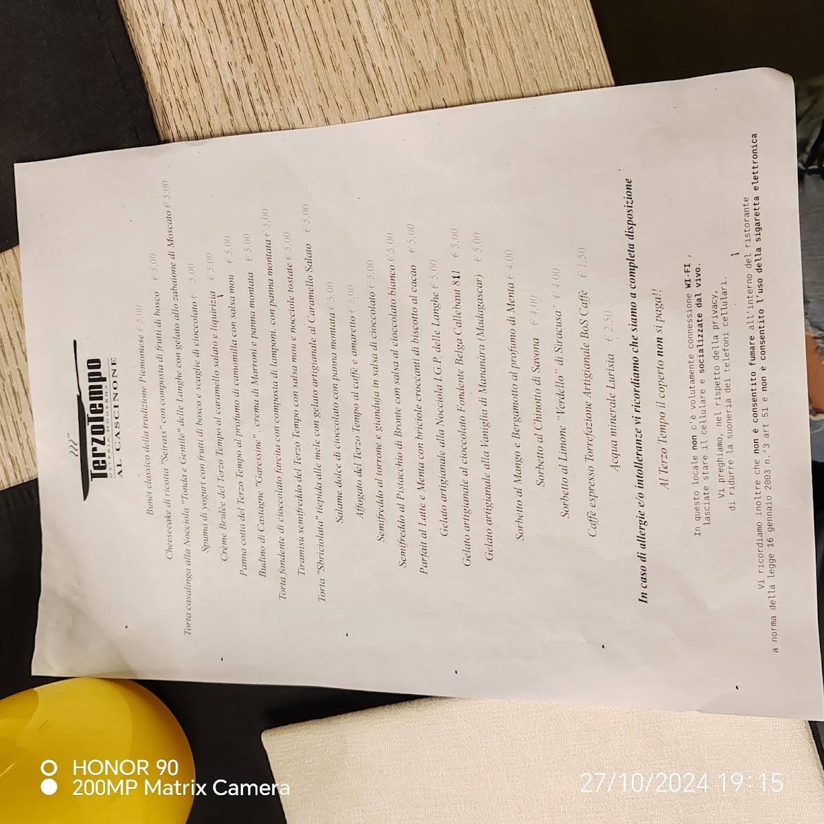 Menu di Terzo Tempo al Cascinone 