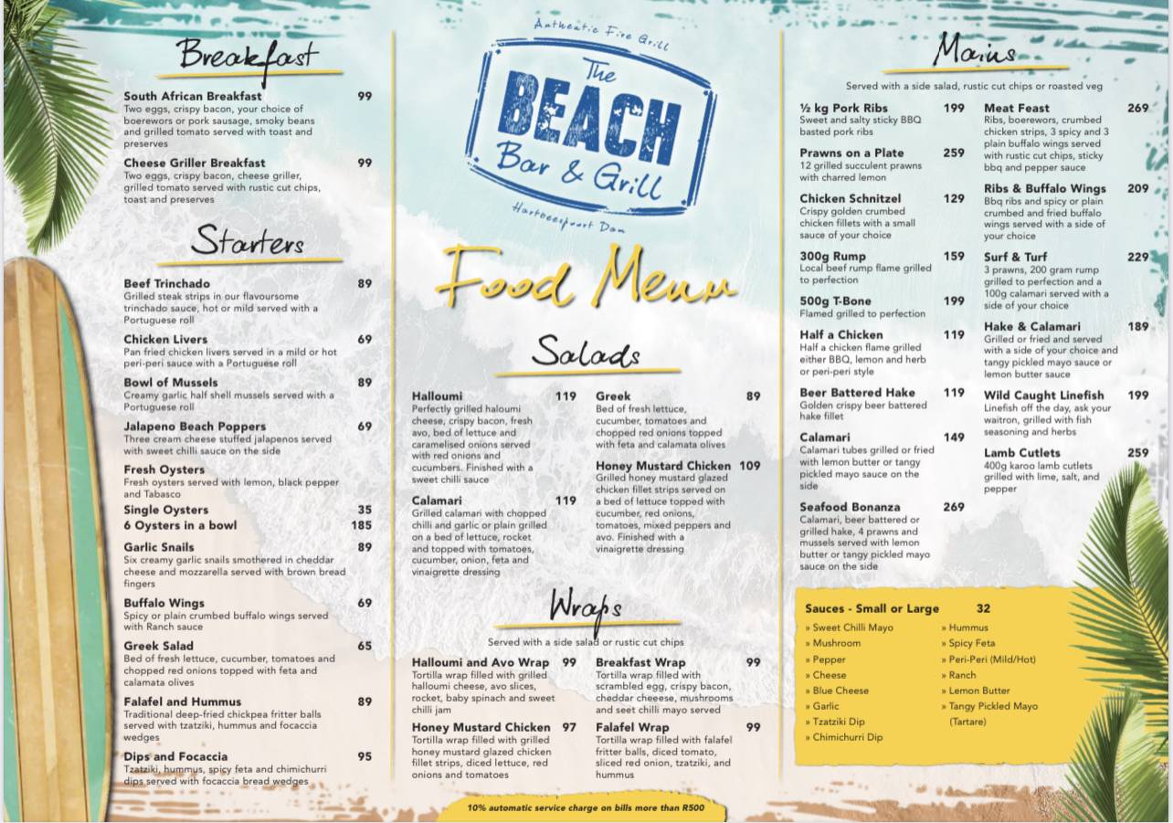 Menu at The Beach Bar & Grill, Hartbeespoort