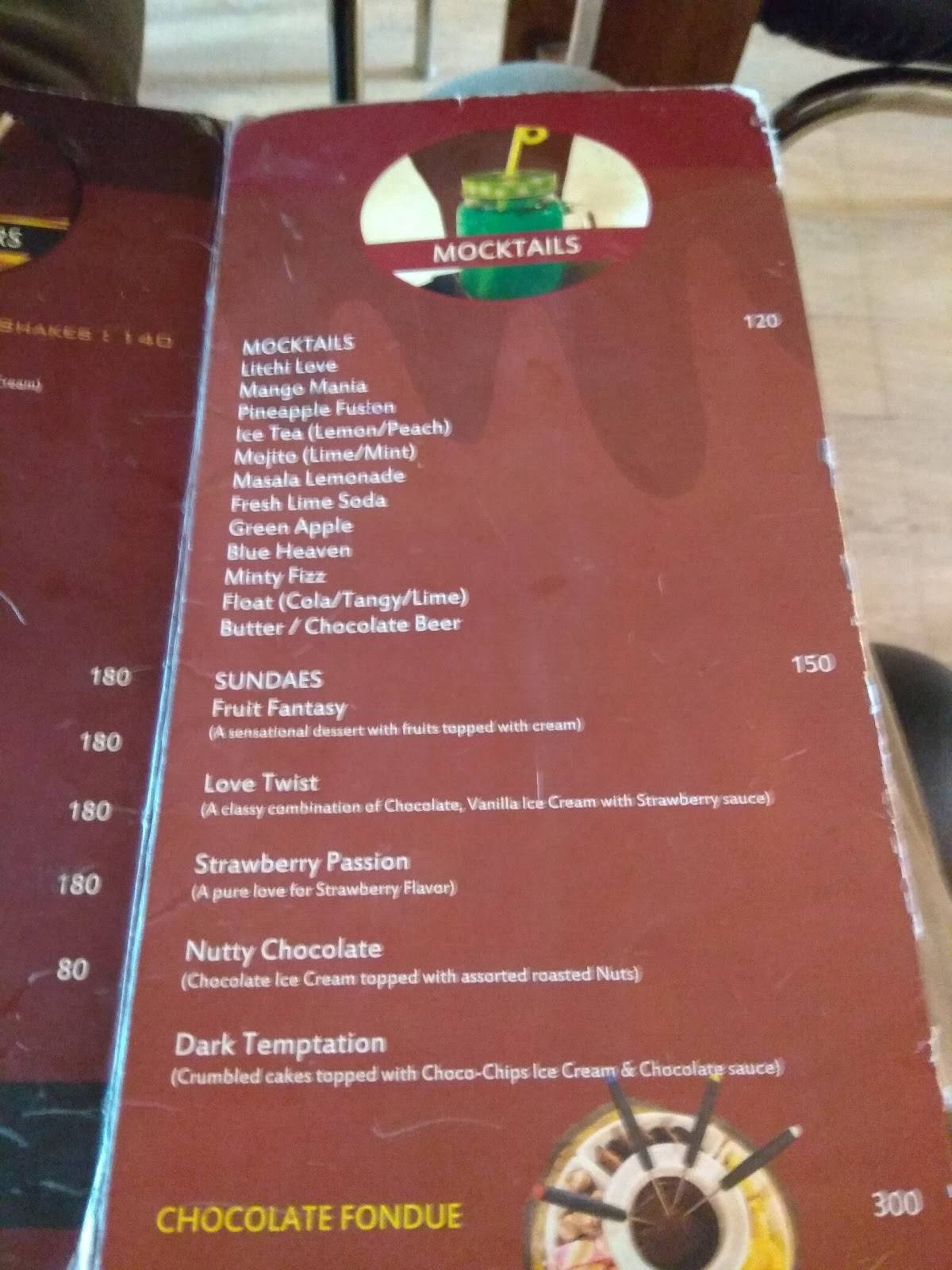 Menu at The Chocolate House, Bhubaneswar, KIIT University