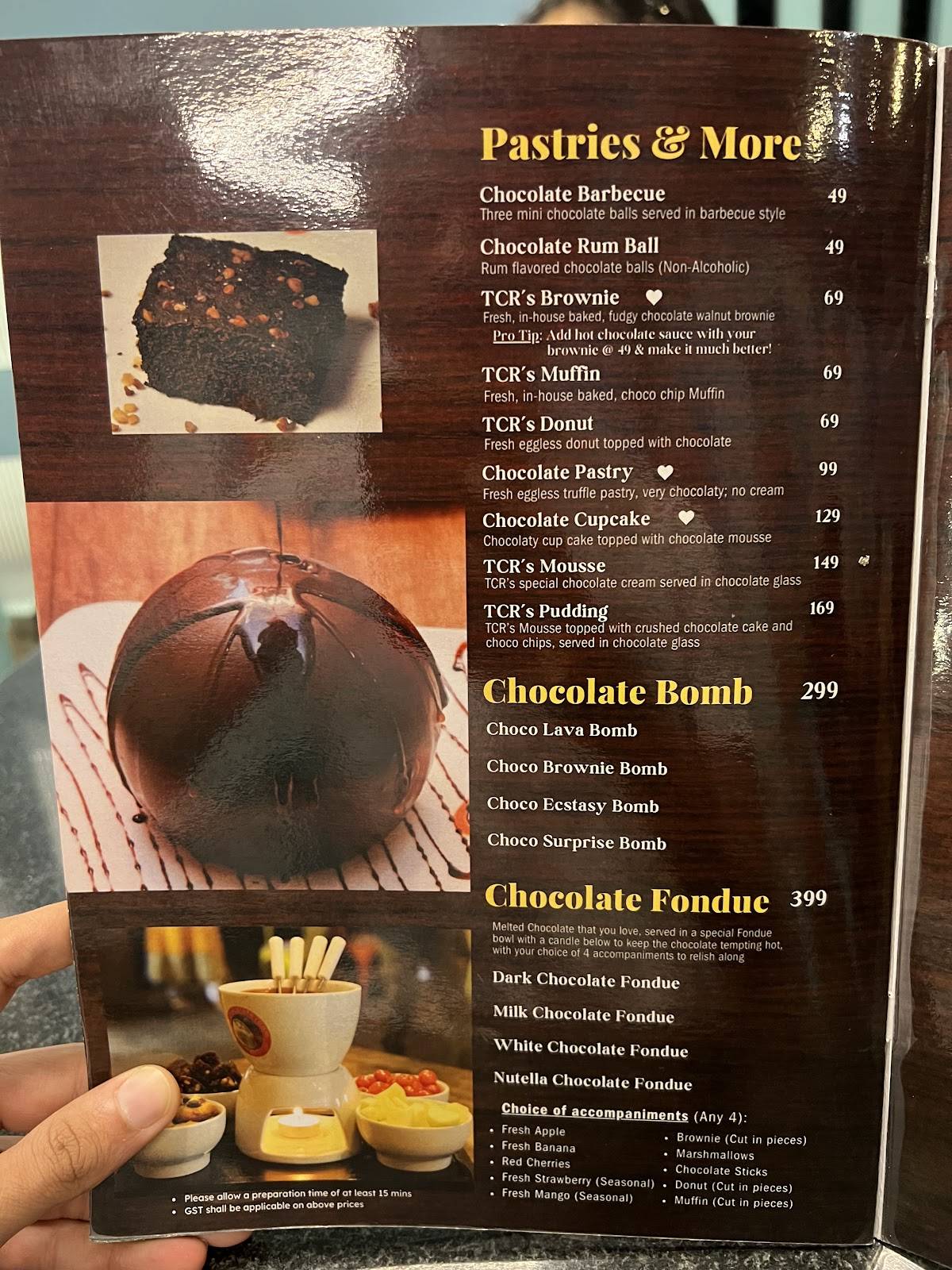 The Chocolate Room menu