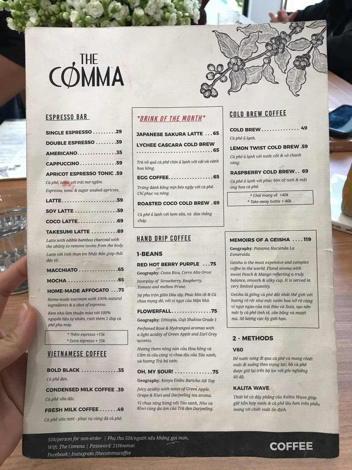 Menu at The Comma cafe, Ho Chi Minh City