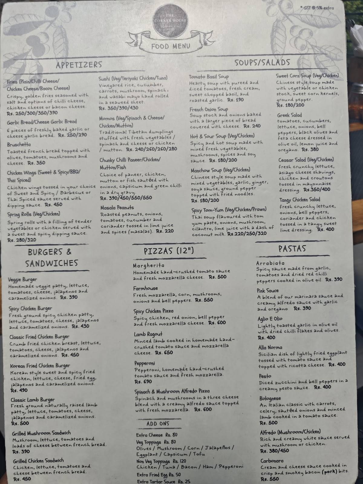 The Corner House Restaurant & Bar menu