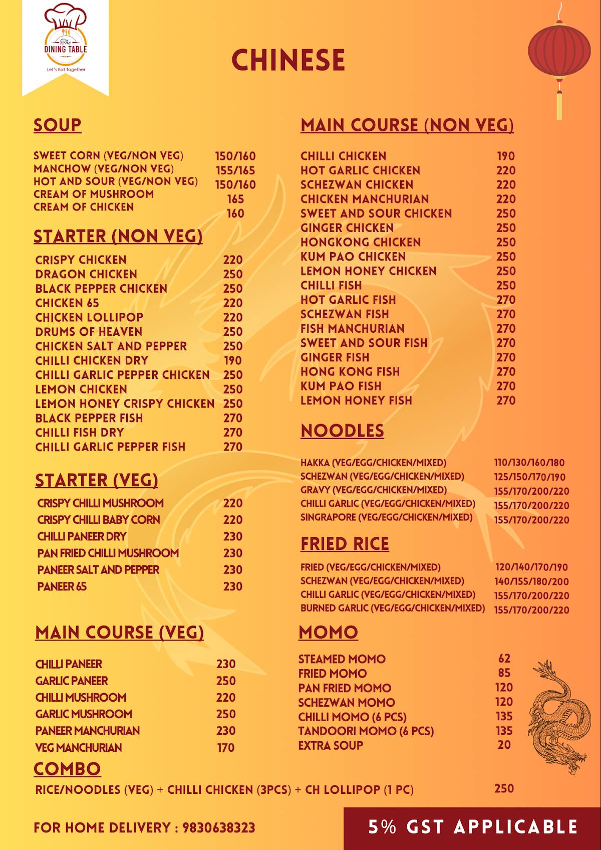 The Dining Table menu