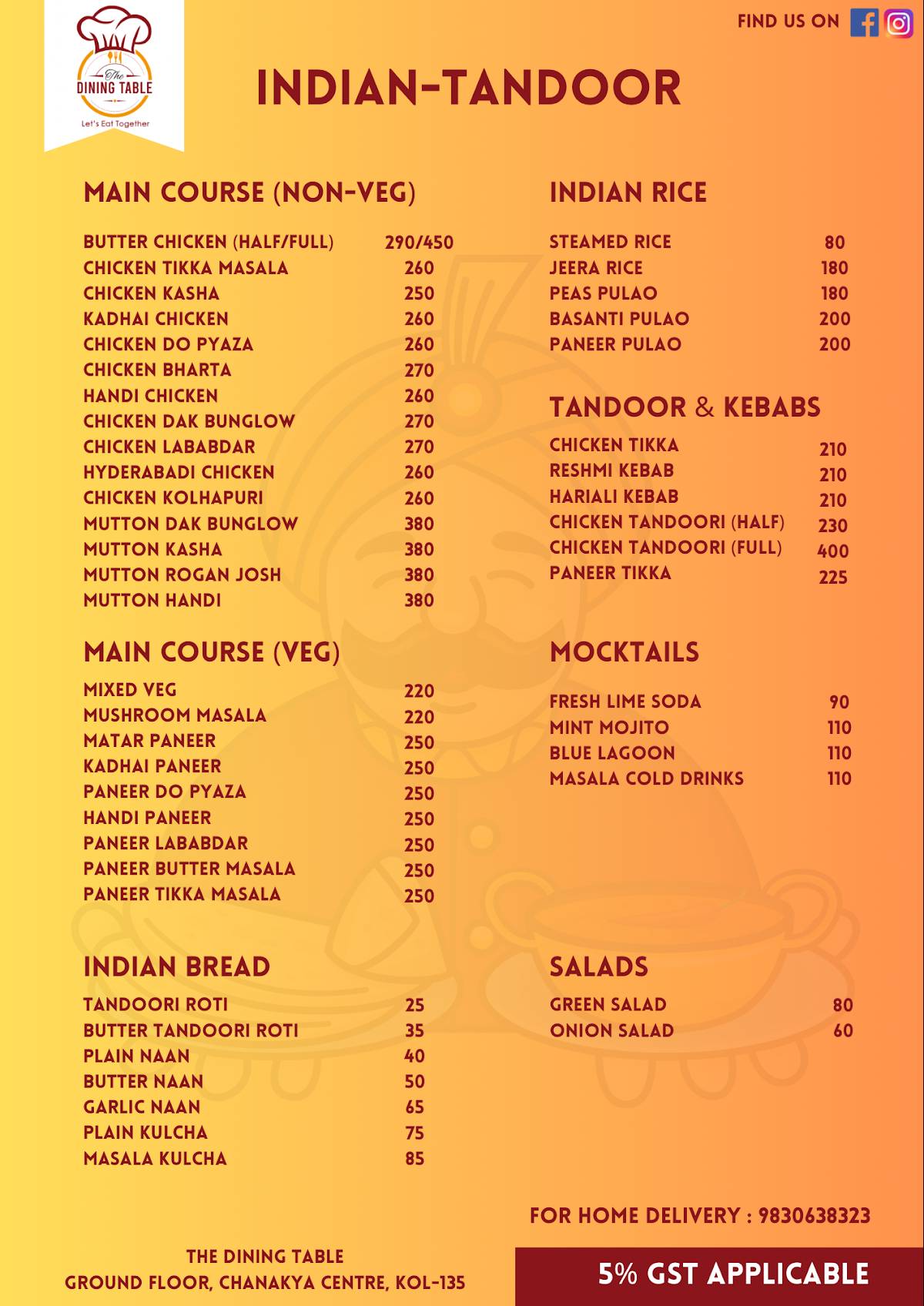 The Dining Table menu