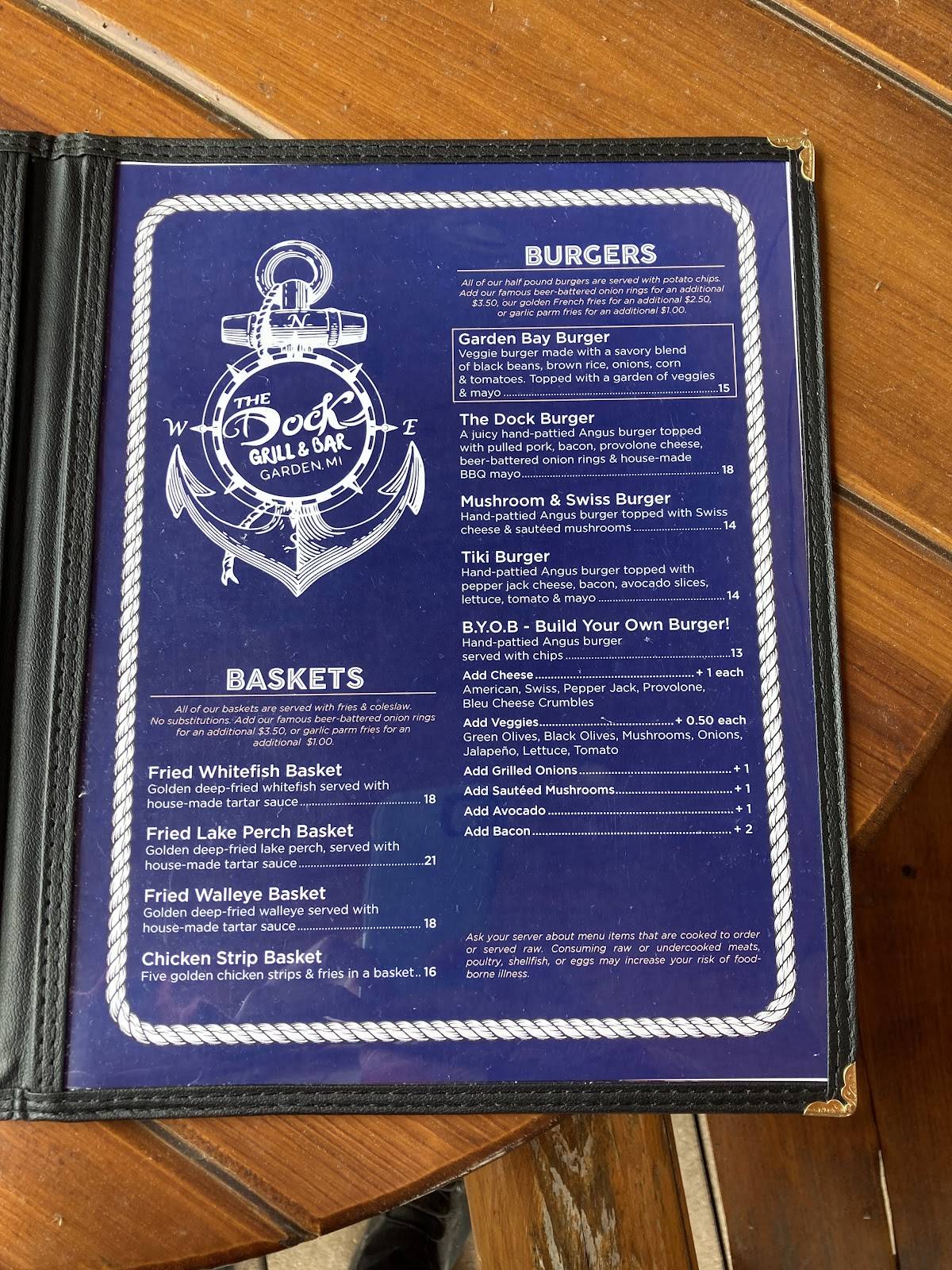 Menu at The Dock Grill And Bar at Bay Ridge RV Park, Garden