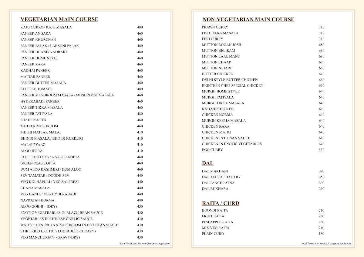 The Eighteen menu