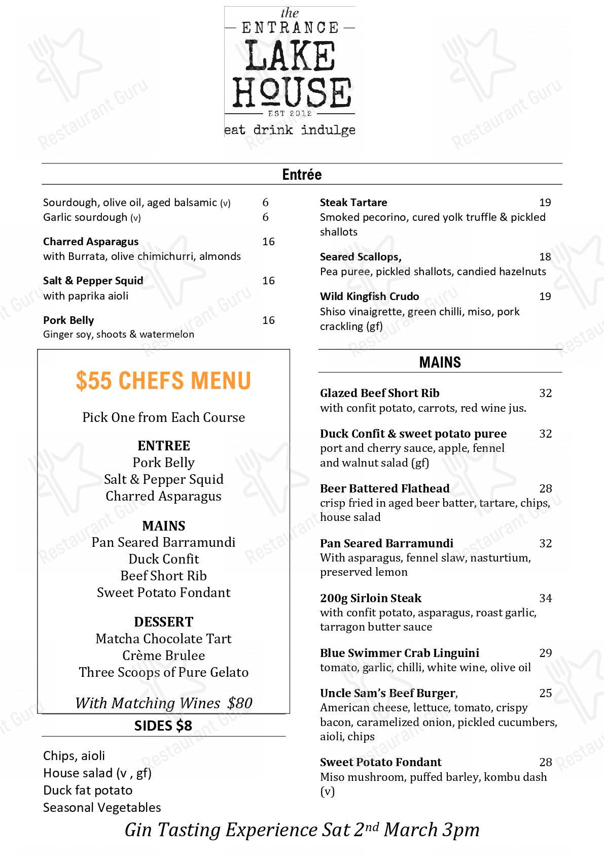 Menu at The Entrance Lake House cafe, The Entrance