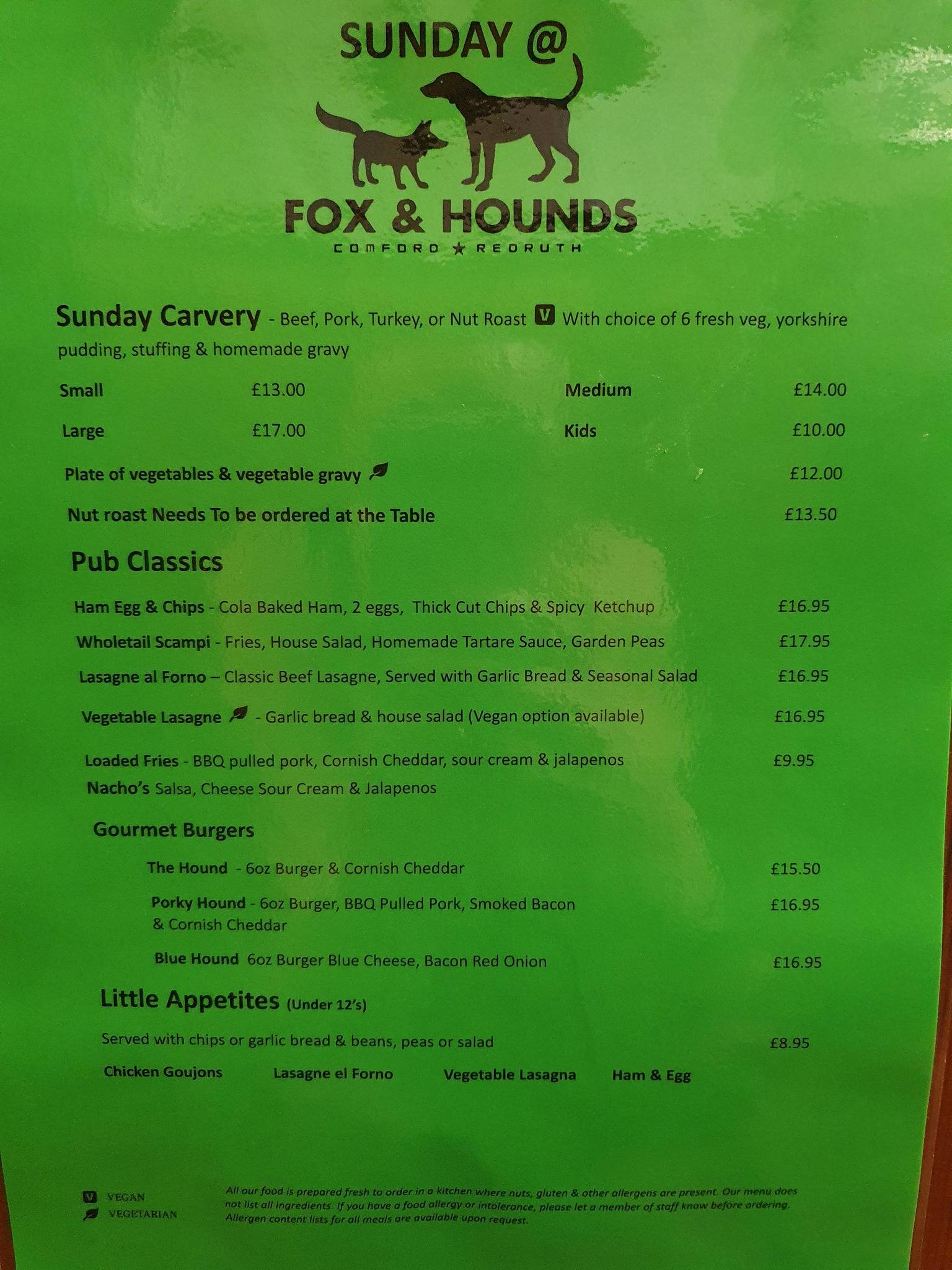 Menu at The Fox & Hounds Comford restaurant, Redruth
