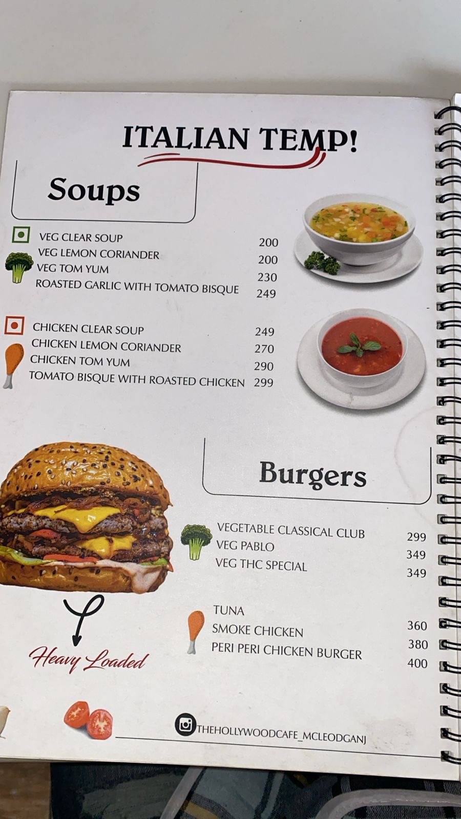 The Hollywood Cafe (THC) menu