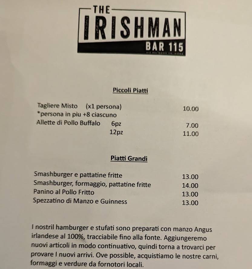 Menu di The Irishman 