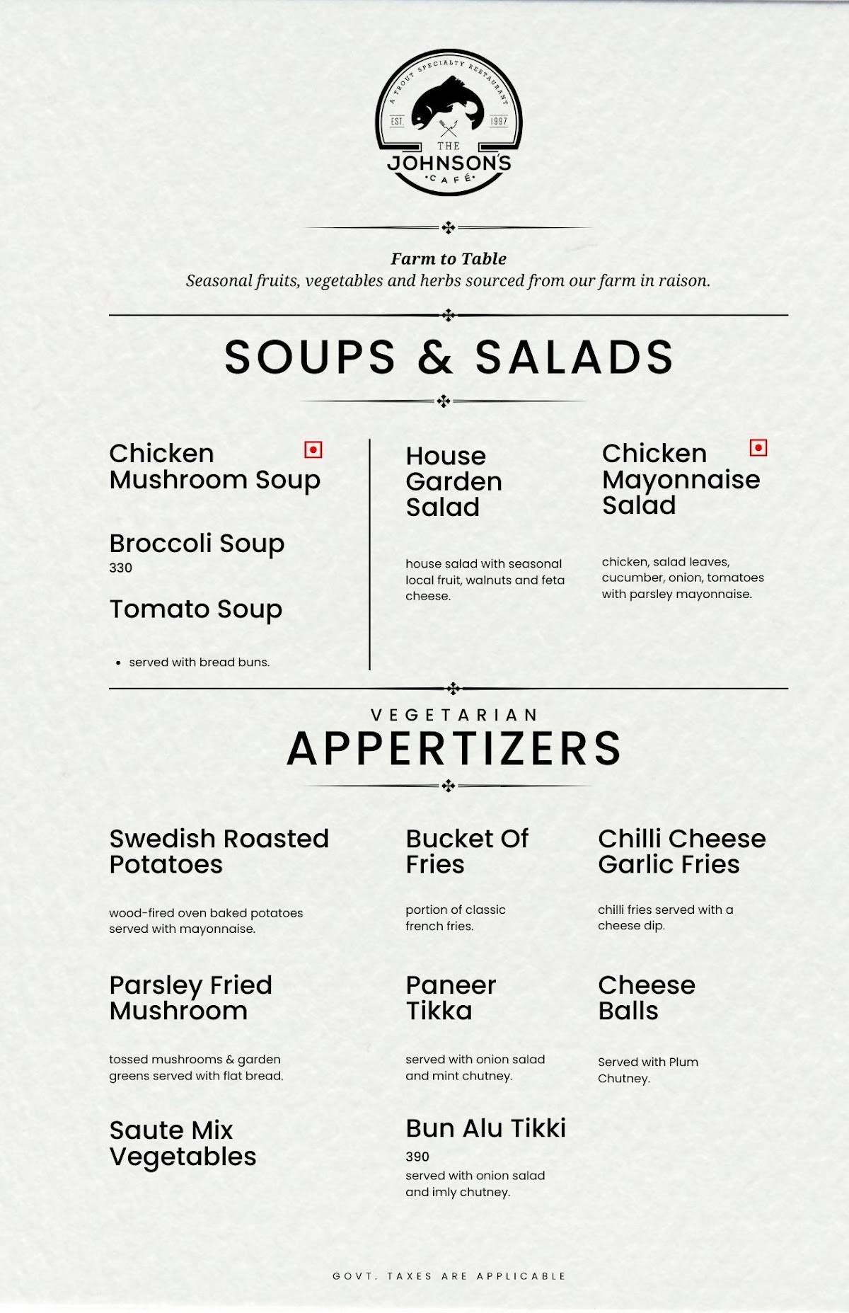 The Johnson's Cafe Hotel & Bar menu