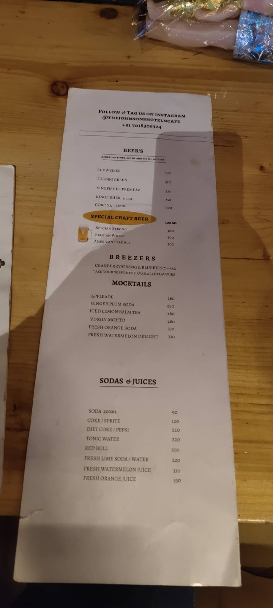 The Johnson's Cafe Hotel & Bar menu