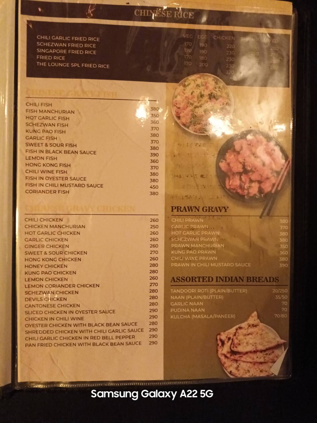 The Lounge bar cum restaurant menu