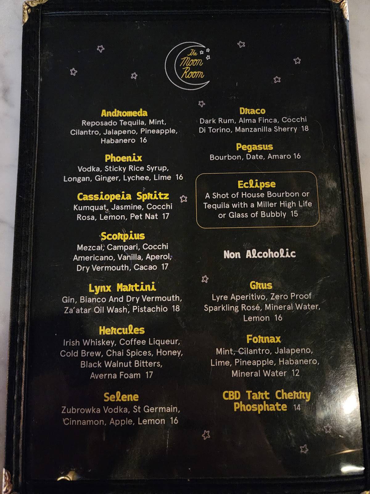 Menu at The Moon Room pub & bar, Los Angeles