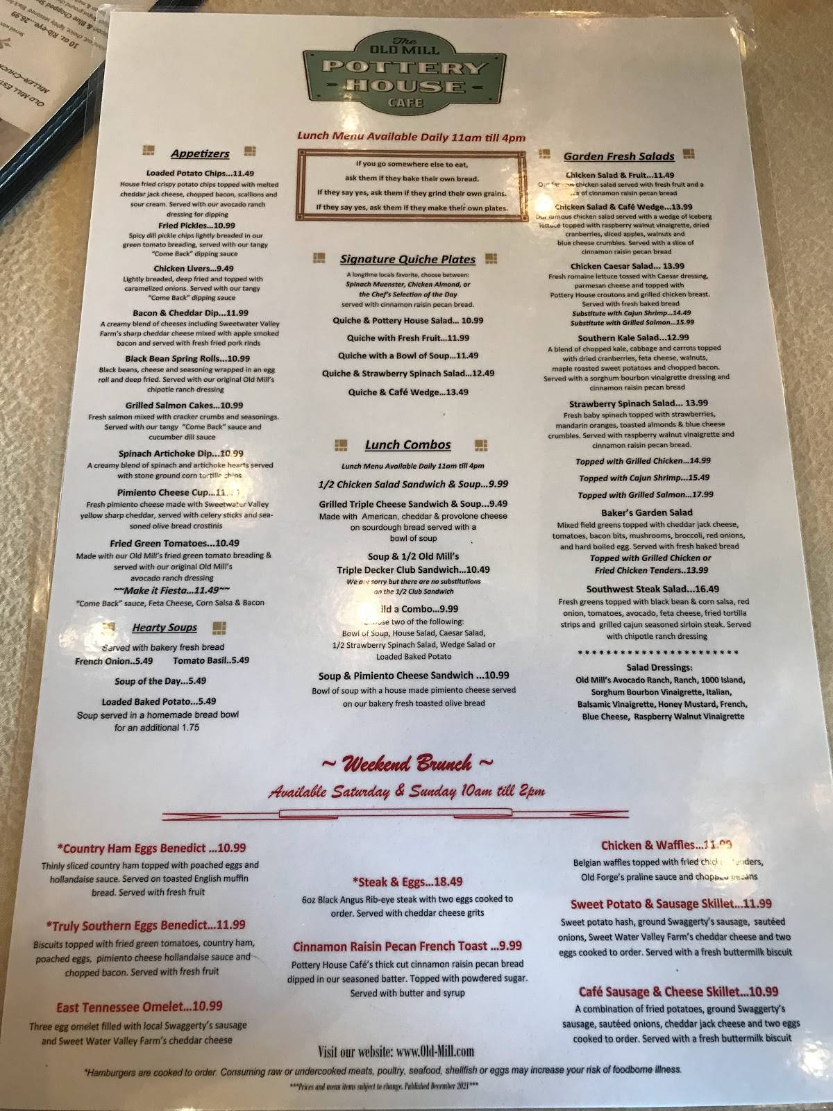 Menu at The Old Mill Pottery House Café cafe, Pigeon Old Mill St