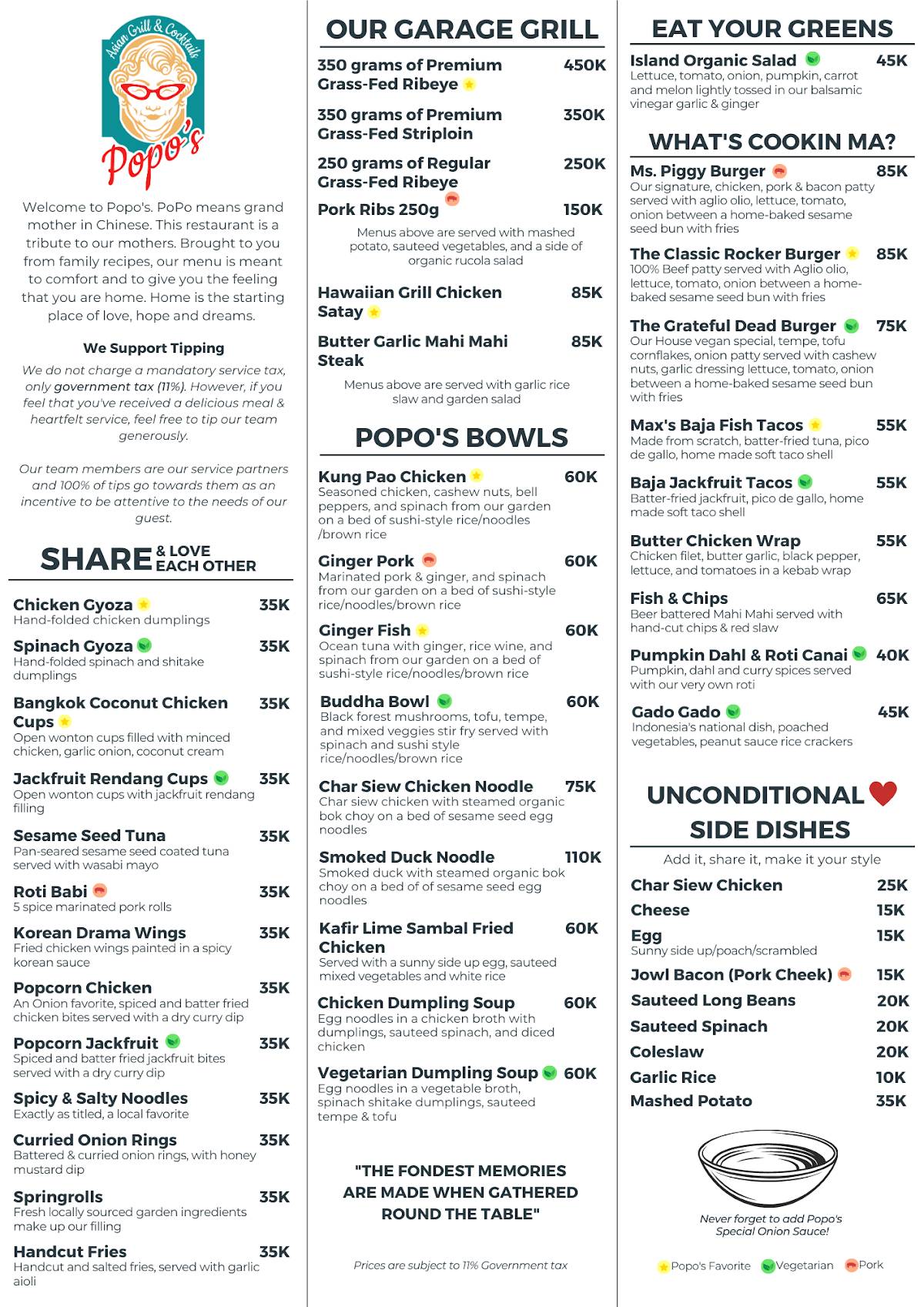 Carta de The Onion Co & Popo's Restaurant, Ubud