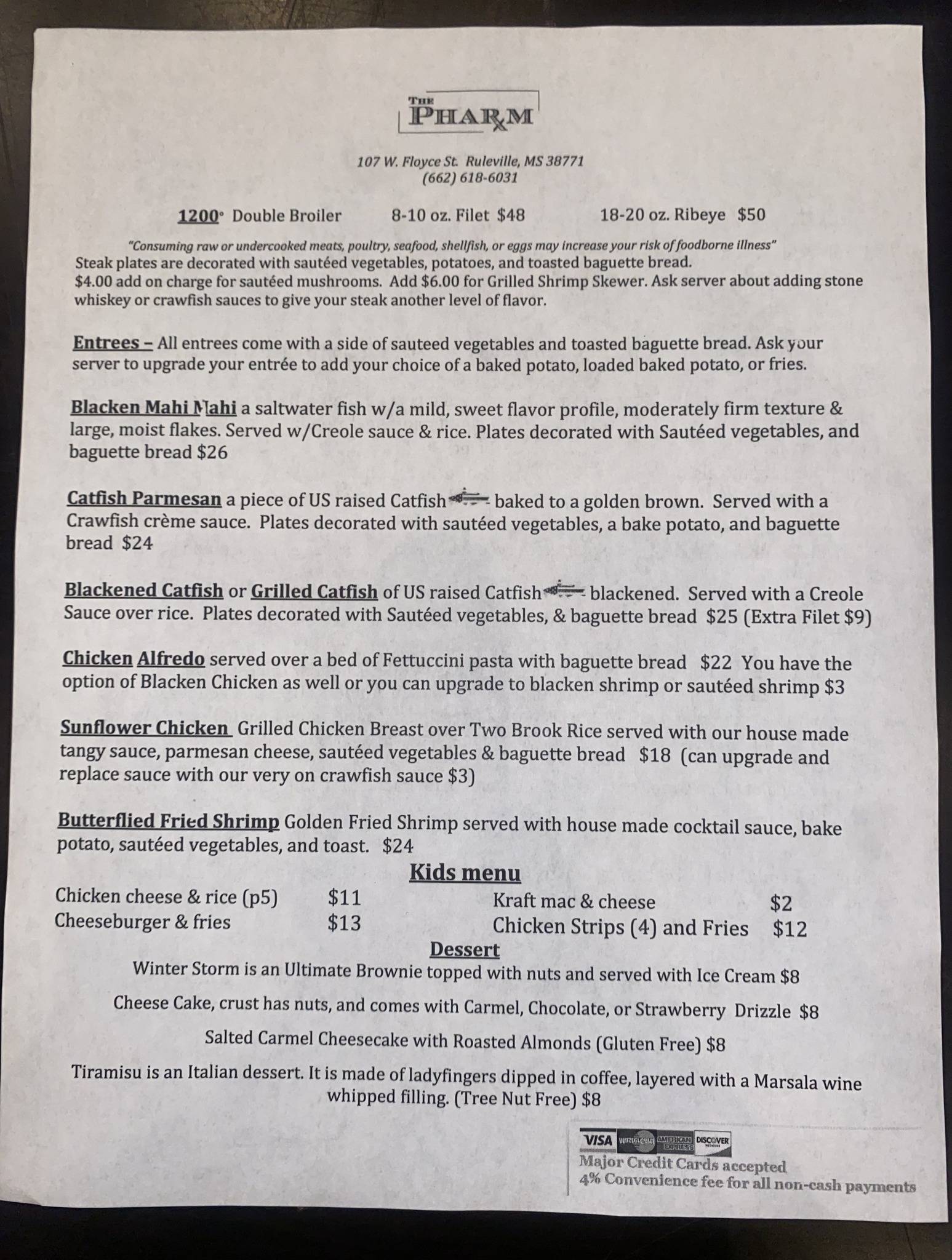Menu at The Pharm restaurant, Ruleville
