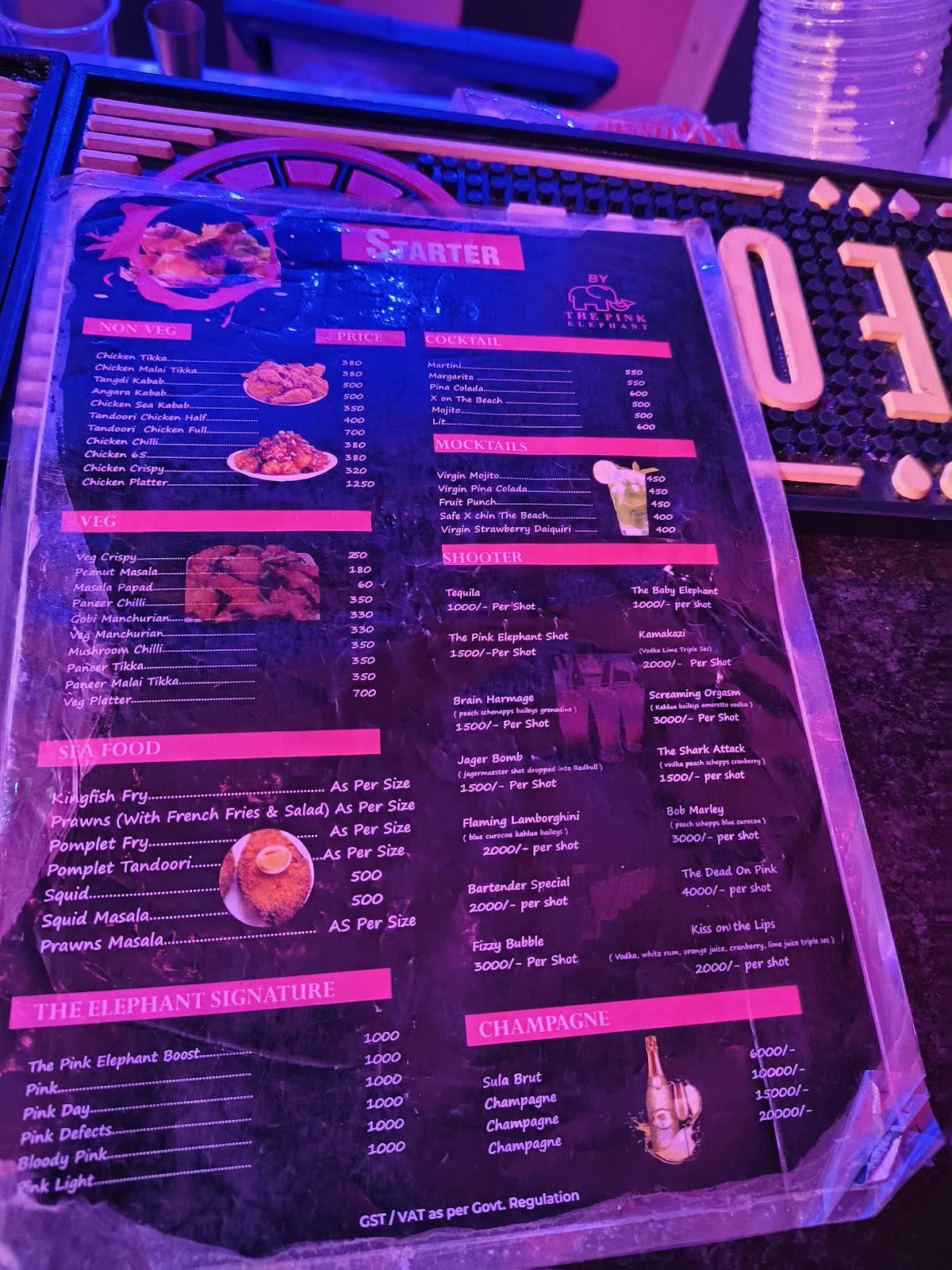 The Pink Elephant menu