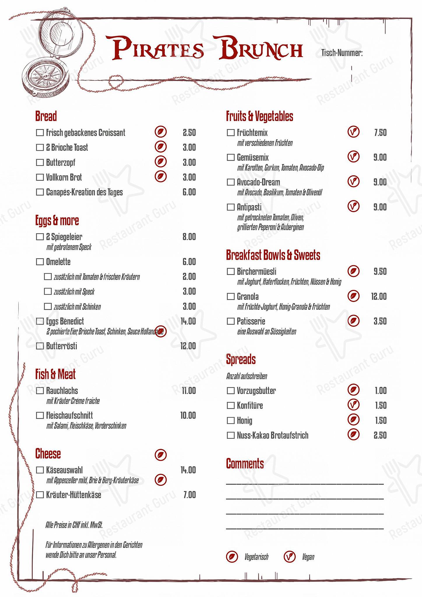Menu di Pirates Hinwil - Planet of Entertainment - Ночное меню
