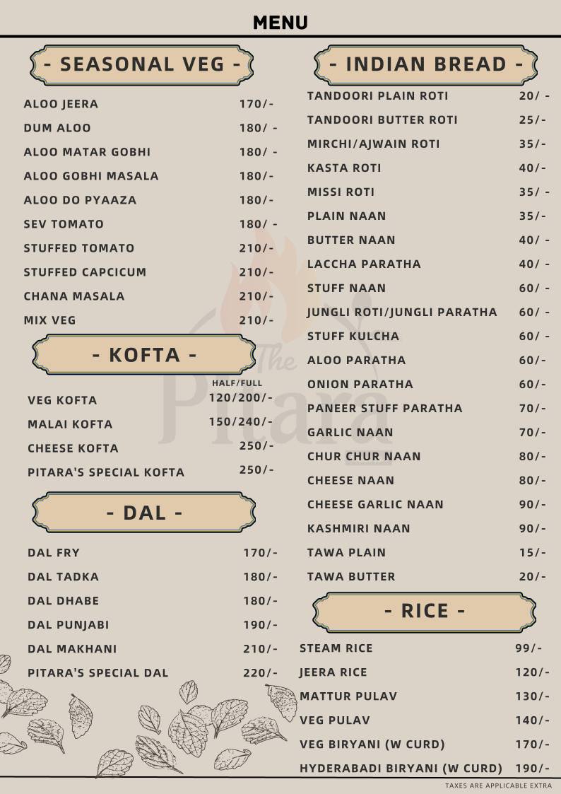 The Pitara Restaurant menu