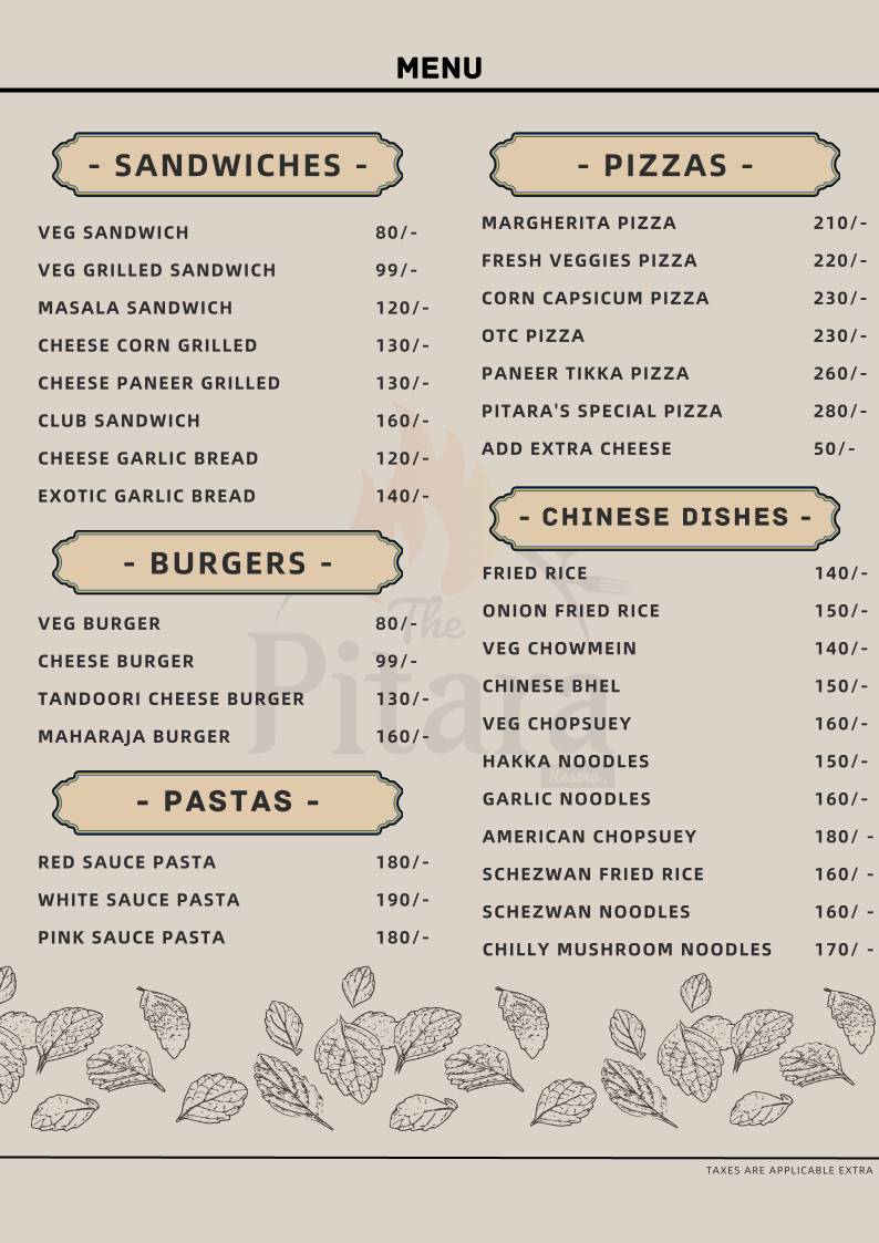 The Pitara Restaurant menu