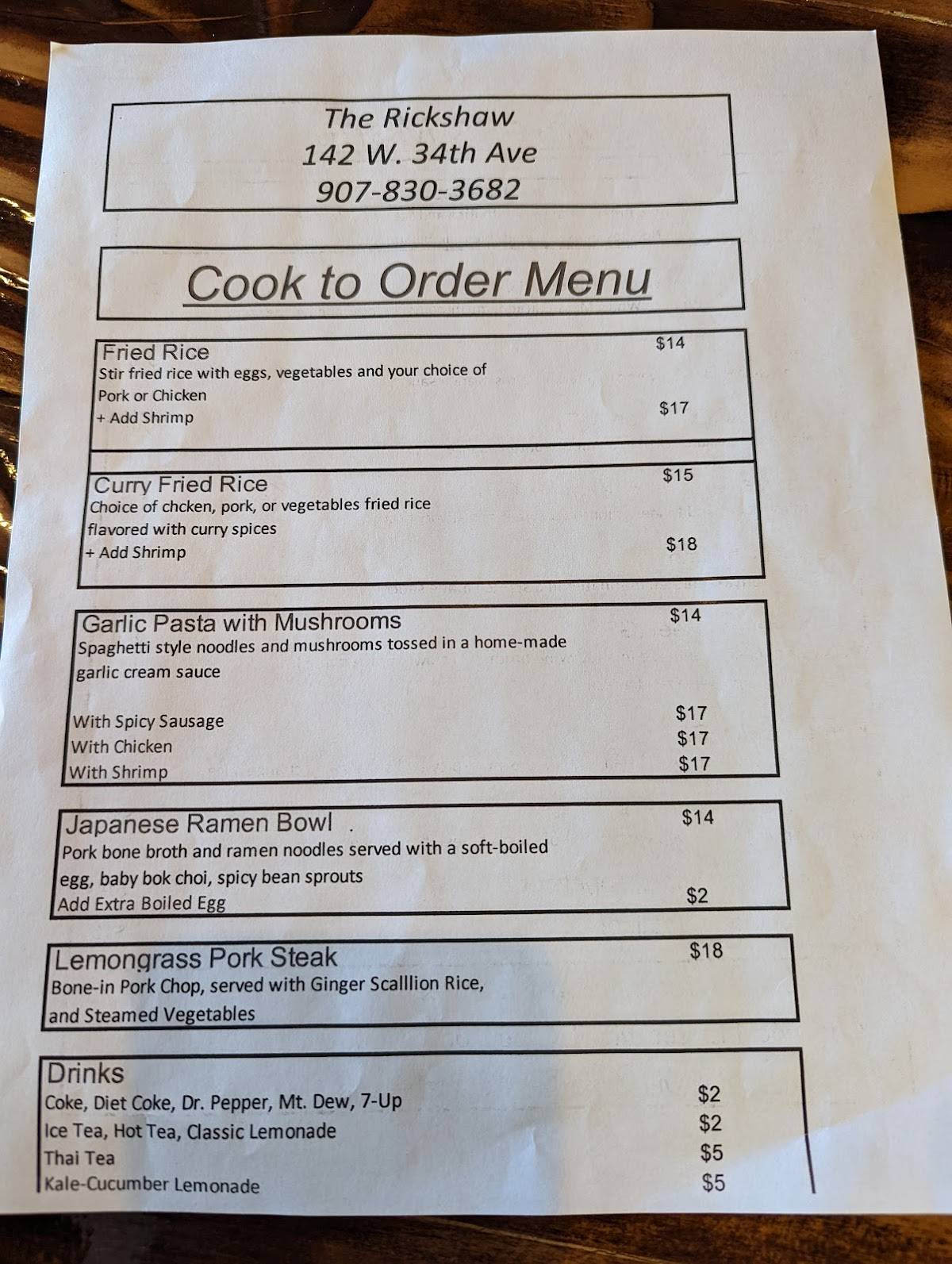 Menu at The Rickshaw AK restaurant, Anchorage