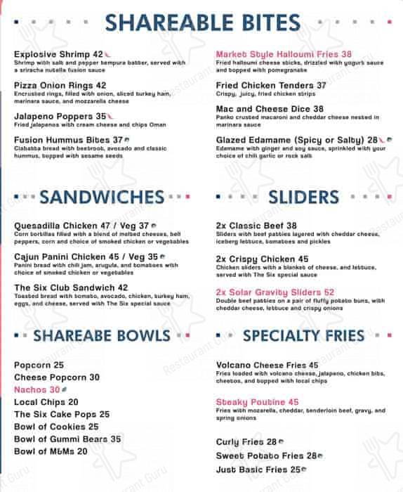 Menu at THE SIX Board Game Cafe, Dubai