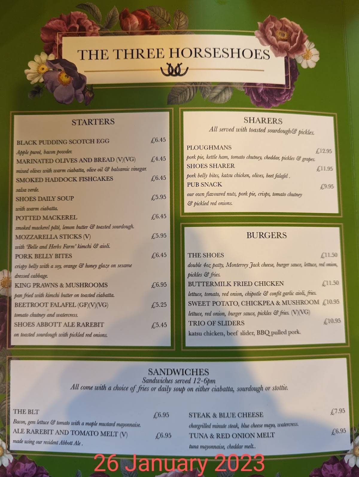Menu at The Three Horseshoes pub & bar, Blyth, Hatherley Lane High