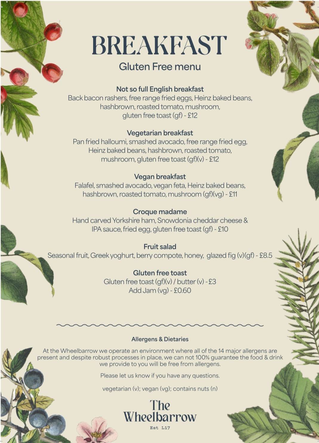 Menu at The Wheelbarrow, Liverpool, Greenbank Sports Academy