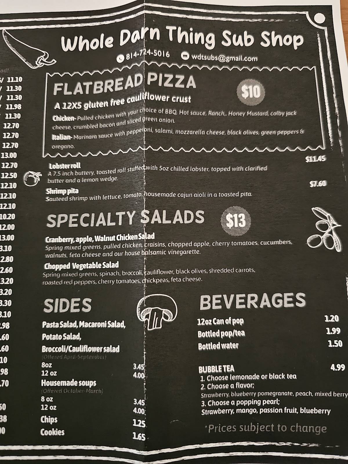 Menu at The Whole Darn Thing Sub Shop restaurant, Meadville