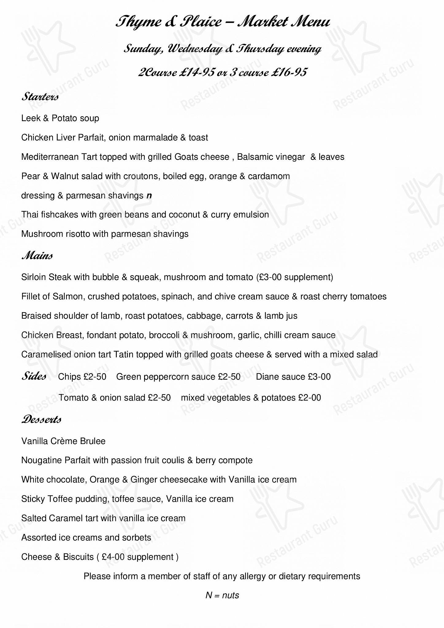 Menu at The Thyme & Plaice restaurant, Chorley