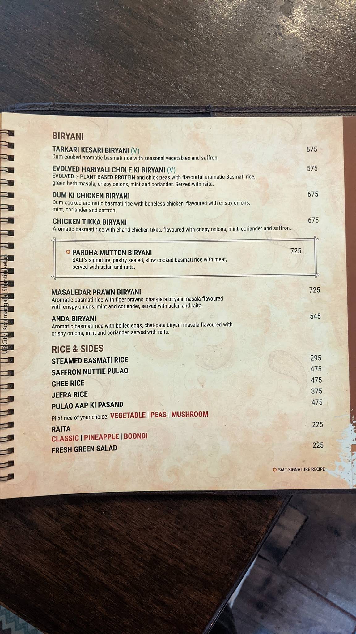 Toscano menu