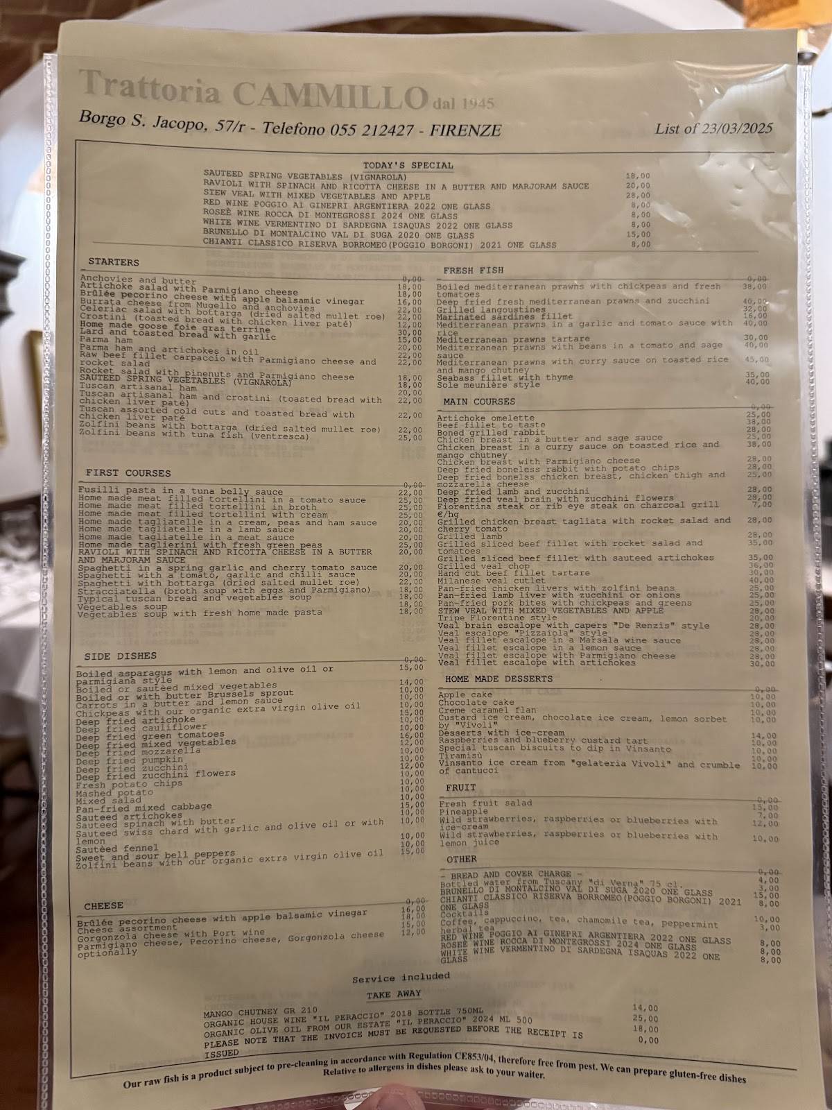 Menu di Trattoria Cammillo 