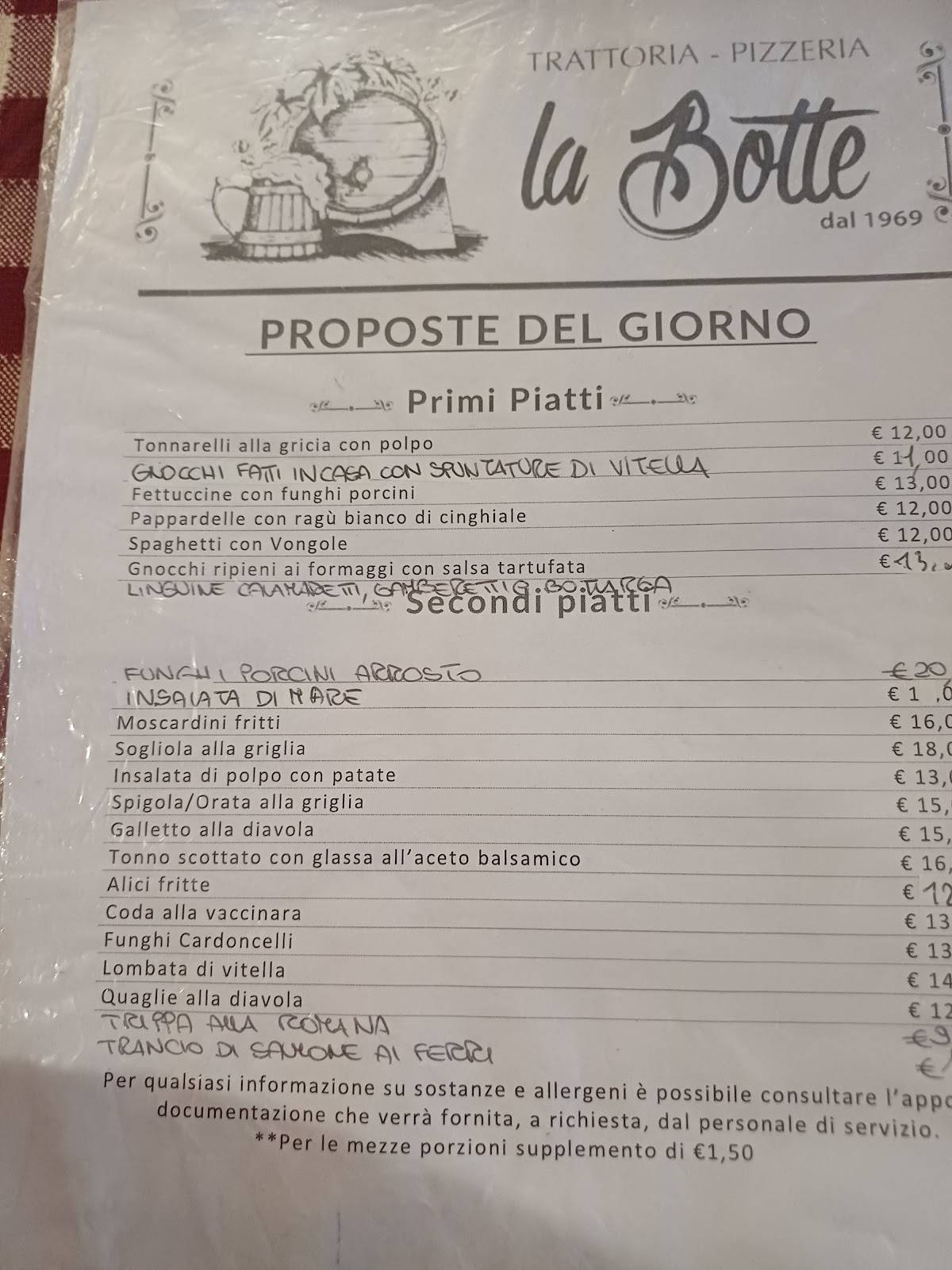 Menu di Trattoria Pizzeria La Botte 