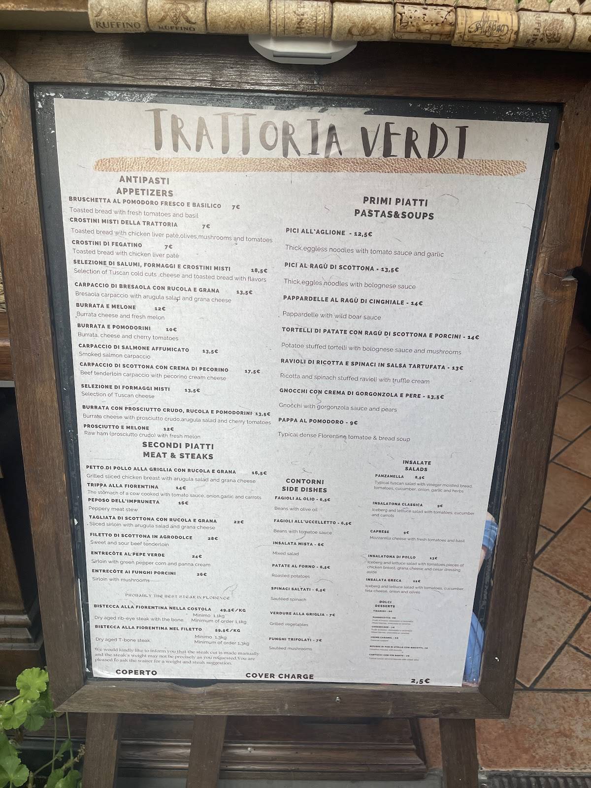 Menu di Trattoria Verdi Firenze 