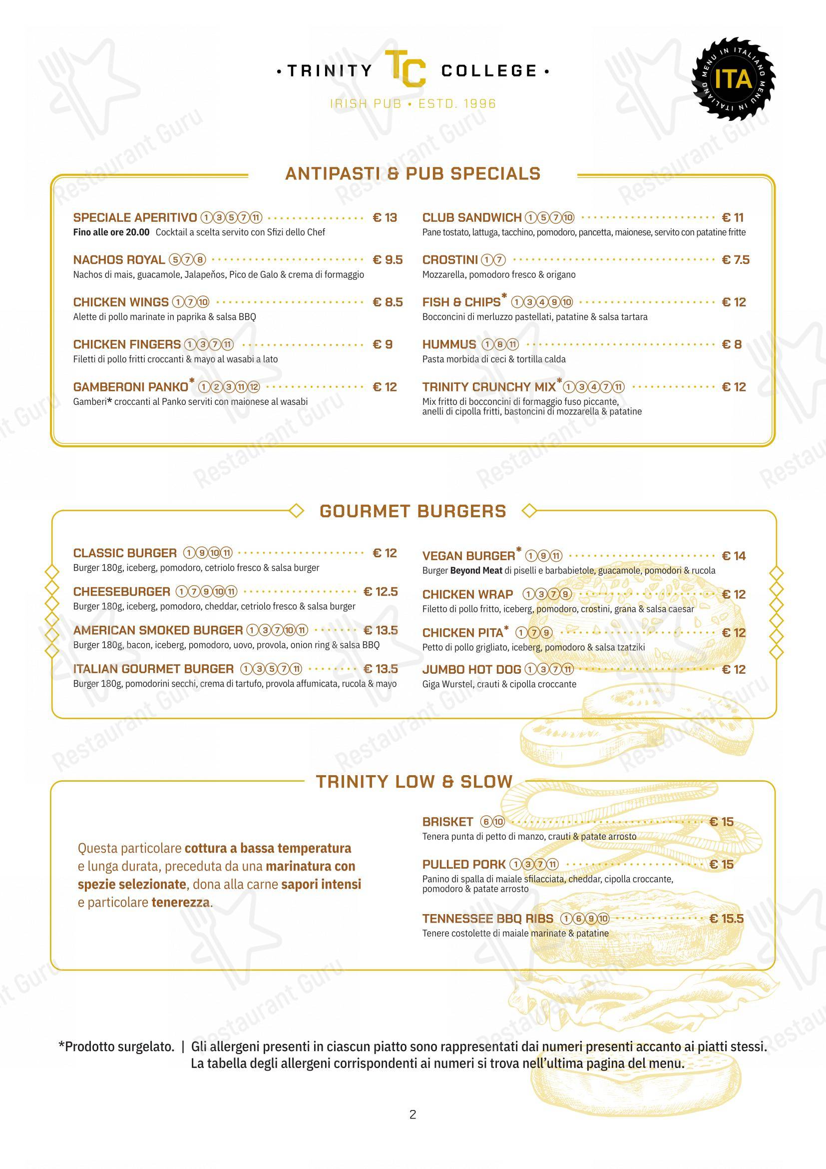 Menu di Trinity College Pub - Menu